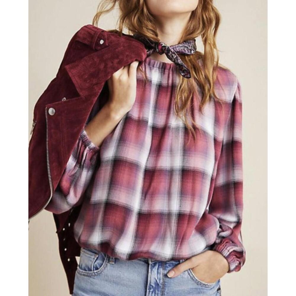 Cloth & Stone for Anthropologie Red Plaid High Neck Light Top - Size - Small